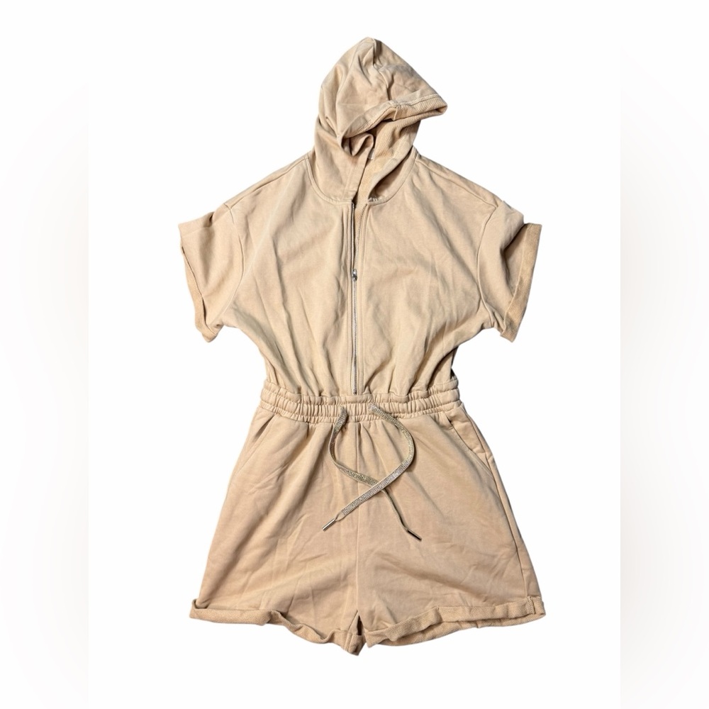 Women's Tan Hooded Sweatshirt Romper with Rhinestone Tie